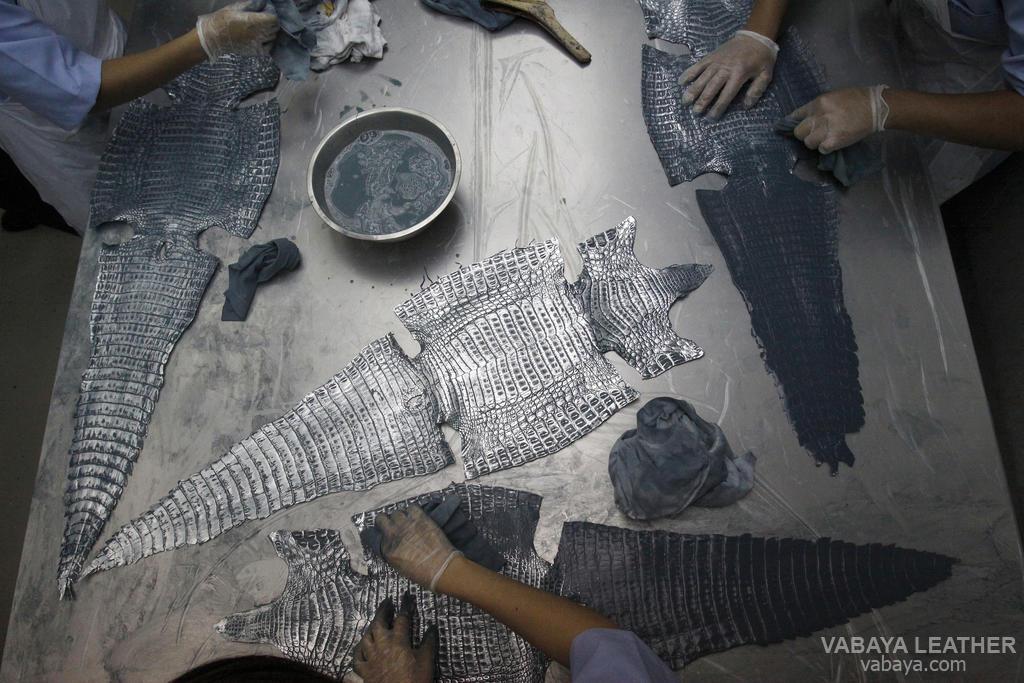 Một xưởng nhuộm da cá sấu ở Singapore